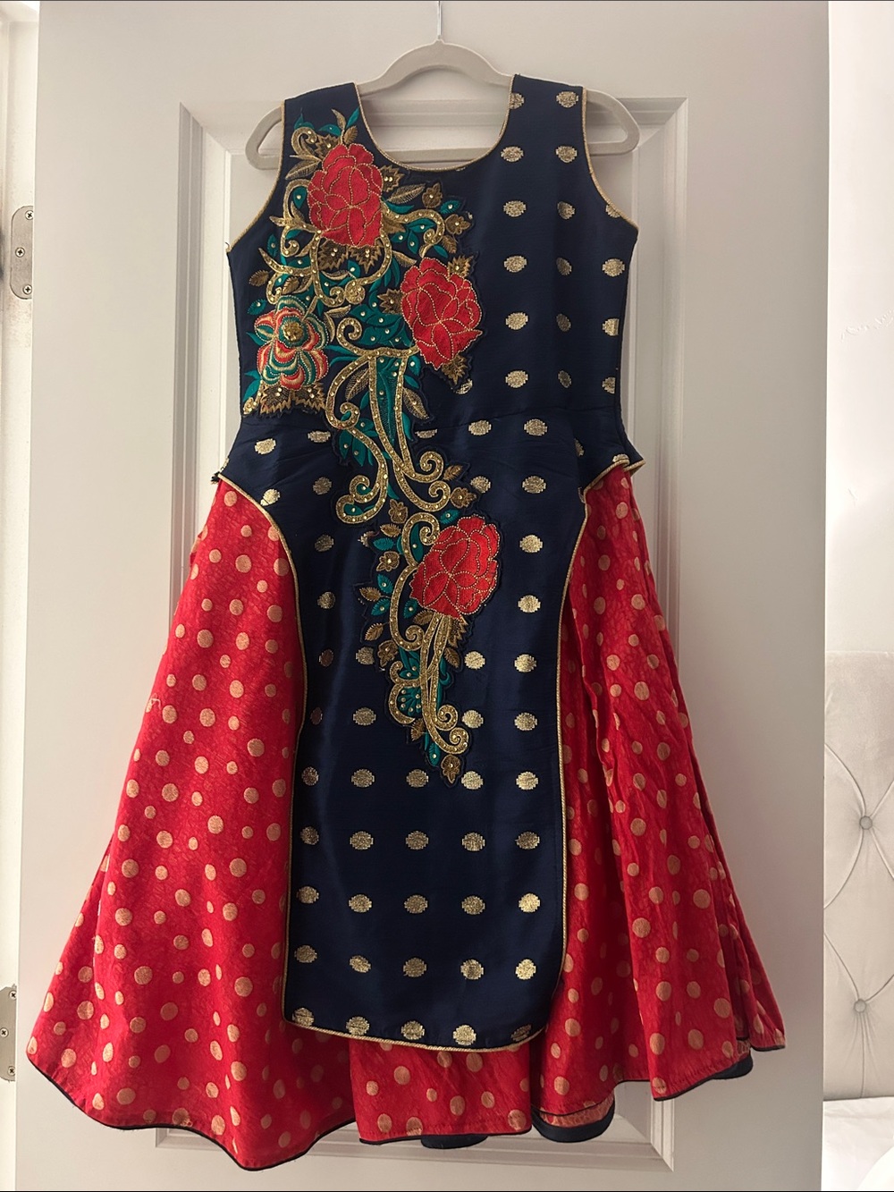 Girls Navy and Red Embroidered Party Dress